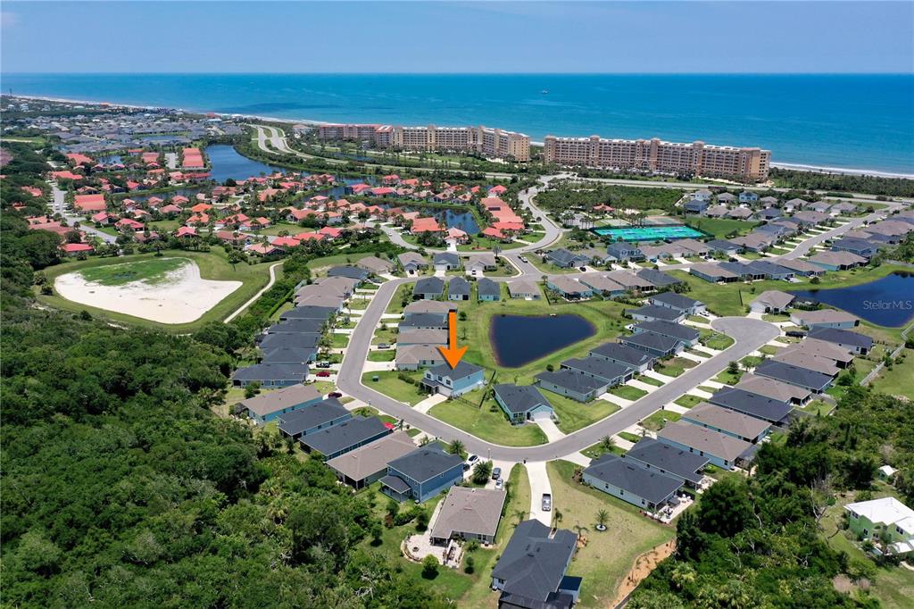 An aerial view shows a residential neighborhood with a marked house near a small pond — 61 LAS CASITAS BOULEVARD, PALM COAST, FL