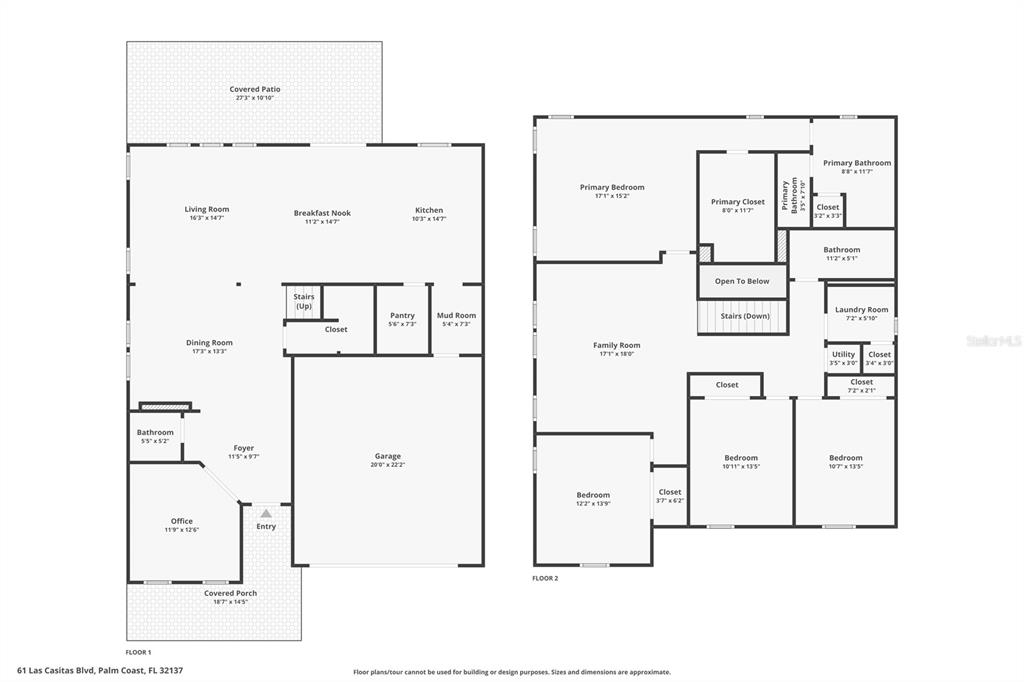 This is a two-story floor plan showing the layout of a residential home — 61 LAS CASITAS BOULEVARD, PALM COAST, FL