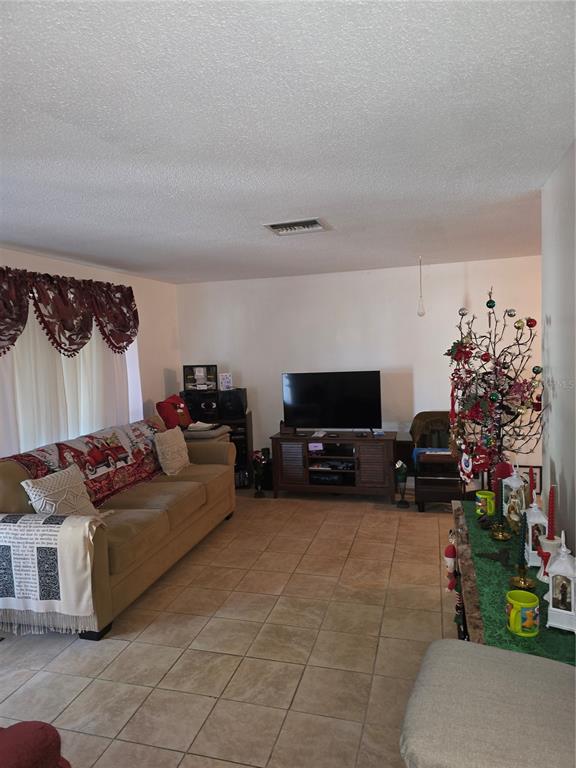 A living room features a tan sofa, a television on a wooden stand, and tile flooring — 10029 BRANDYWINE AVENUE, PORT RICHEY, FL