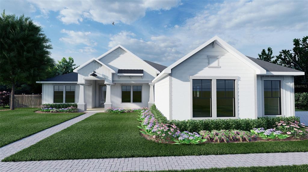 A digital rendering of a white, single-story modern farmhouse with a front porch and landscaping — 12946 STILLWATER COVE DRIVE, ASTATULA, FL