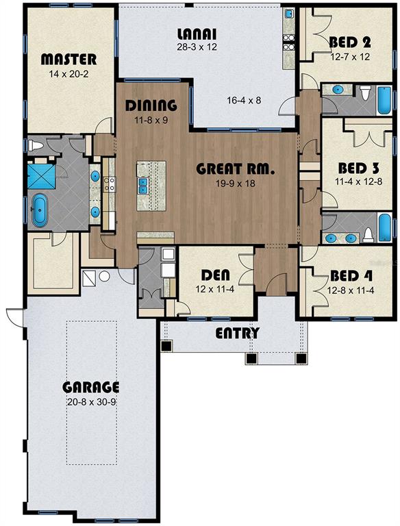 This is a floor plan for a four-bedroom house with a garage, lanai, and open layout — 12946 STILLWATER COVE DRIVE, ASTATULA, FL