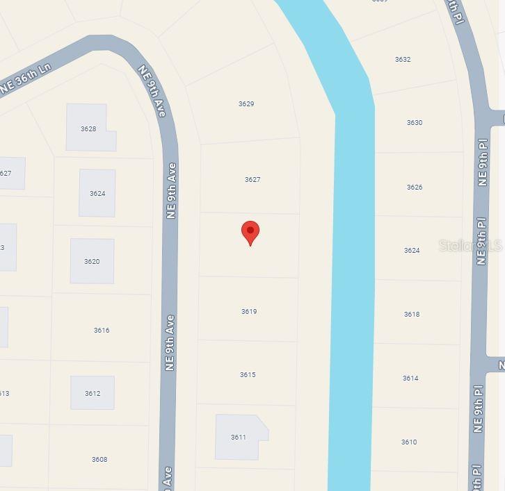 This is a map showing residential properties along NE 9th Avenue and NE 9th Place — 3623 NE 9TH AVENUE, CAPE CORAL, FL