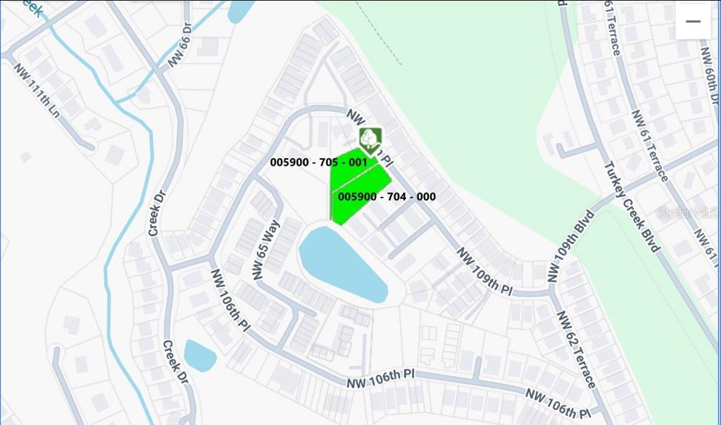 This is a map showing two highlighted land parcels in a residential neighborhood — NW 109TH PLACE, ALACHUA, FL