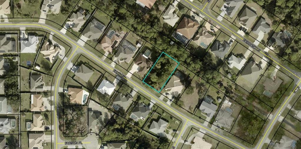 This is an aerial map showing a vacant residential lot outlined in blue on a street — 12 FAYY LANE, PALM COAST, FL