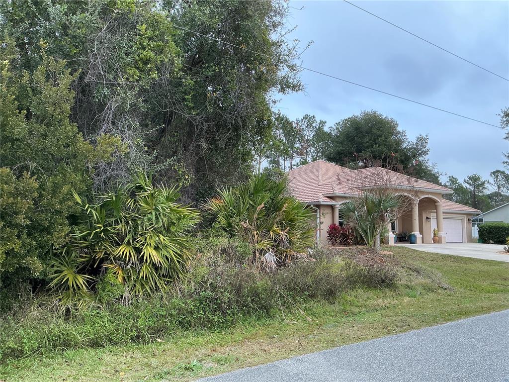 A single-story house with a tiled roof and garage sits behind dense trees and shrubs — 12 FAYY LANE, PALM COAST, FL