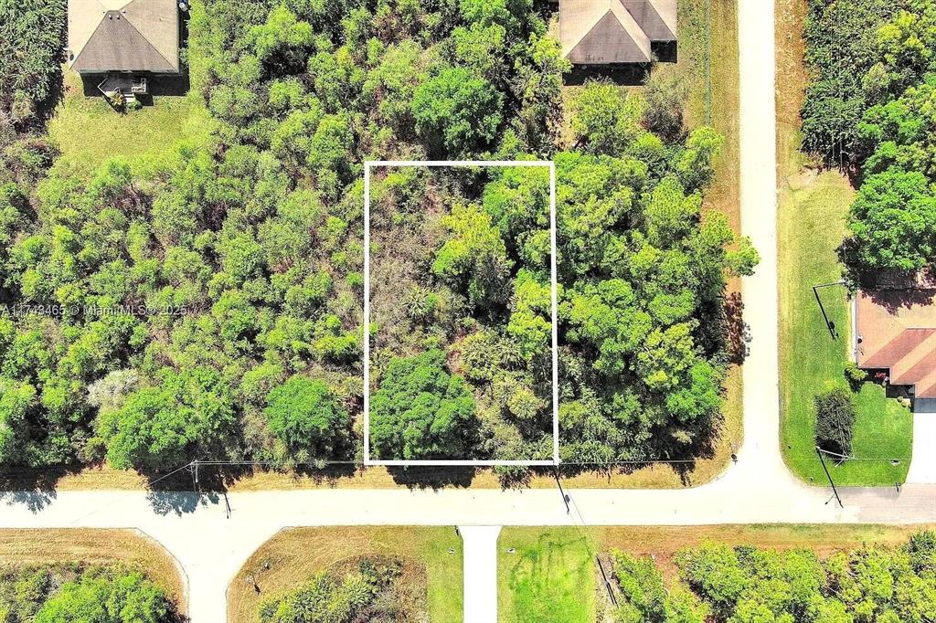 An aerial view shows a rectangular vacant lot outlined in white amidst a wooded area — 3201 49TH STREET W, LEHIGH ACRES, FL