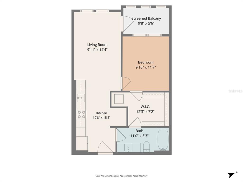 This is a floor plan for a one-bedroom apartment with a kitchen, living room, and balcony — 1700 RANCH ROAD UNIT A1-7305, NOKOMIS, FL