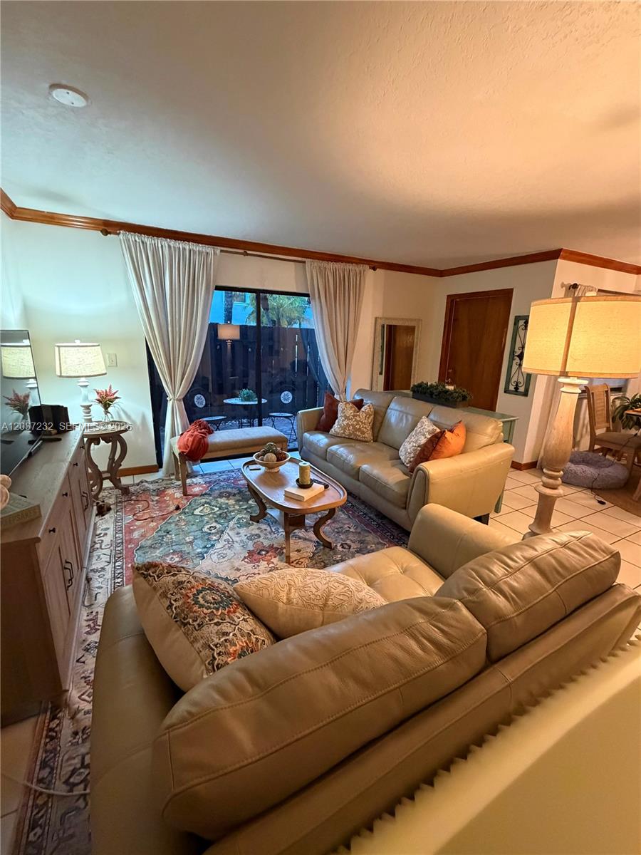 A living room features a leather sofa, a patterned area rug, and a sliding glass door — 10445 SW 154th Ct # 1, Miami FL 33196, MIAMI, FL