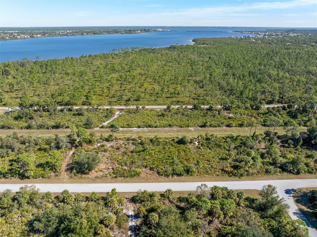 An aerial view shows a vacant, wooded lot situated near a large body of water — 4388 SCHNEIDER STREET, PORT CHARLOTTE, FL