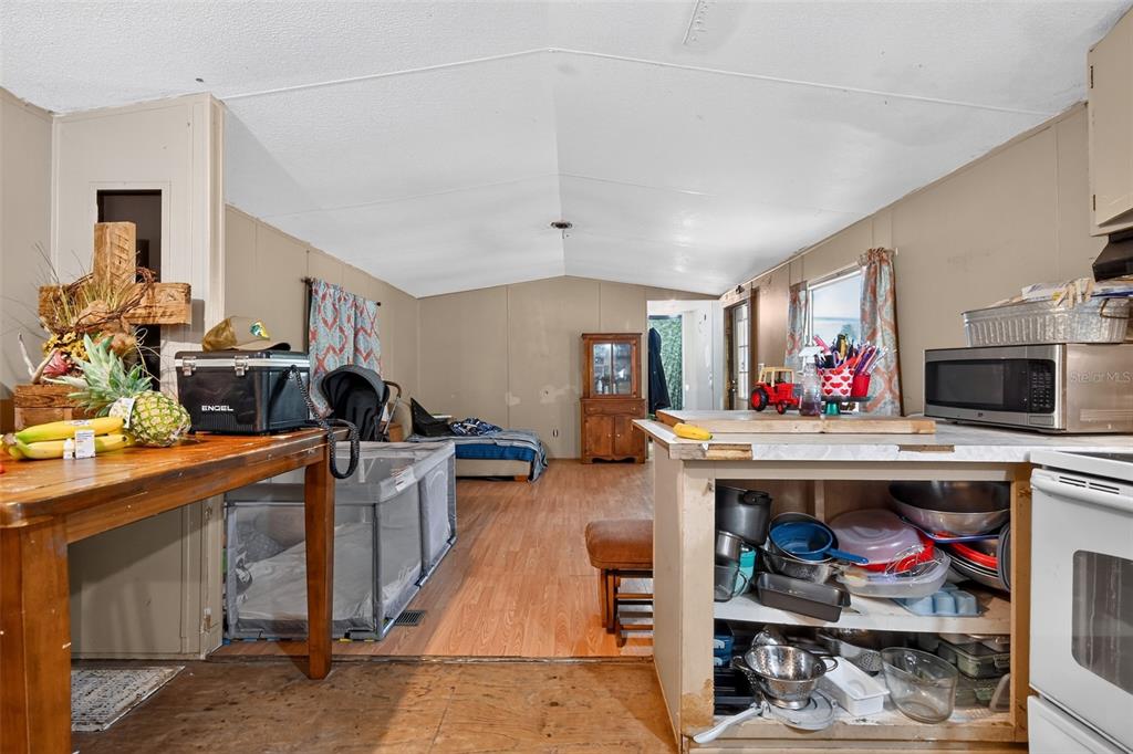 A kitchen and living area with wood-look flooring, beige walls, and an open floor plan — 25005 BARTHOLOMEW STREET, CHRISTMAS, FL