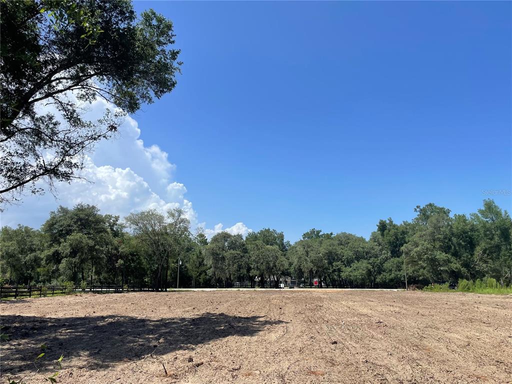 A cleared, flat, dirt lot is surrounded by mature trees under a clear blue sky — TBD SW 98TH STREET, DUNNELLON, FL