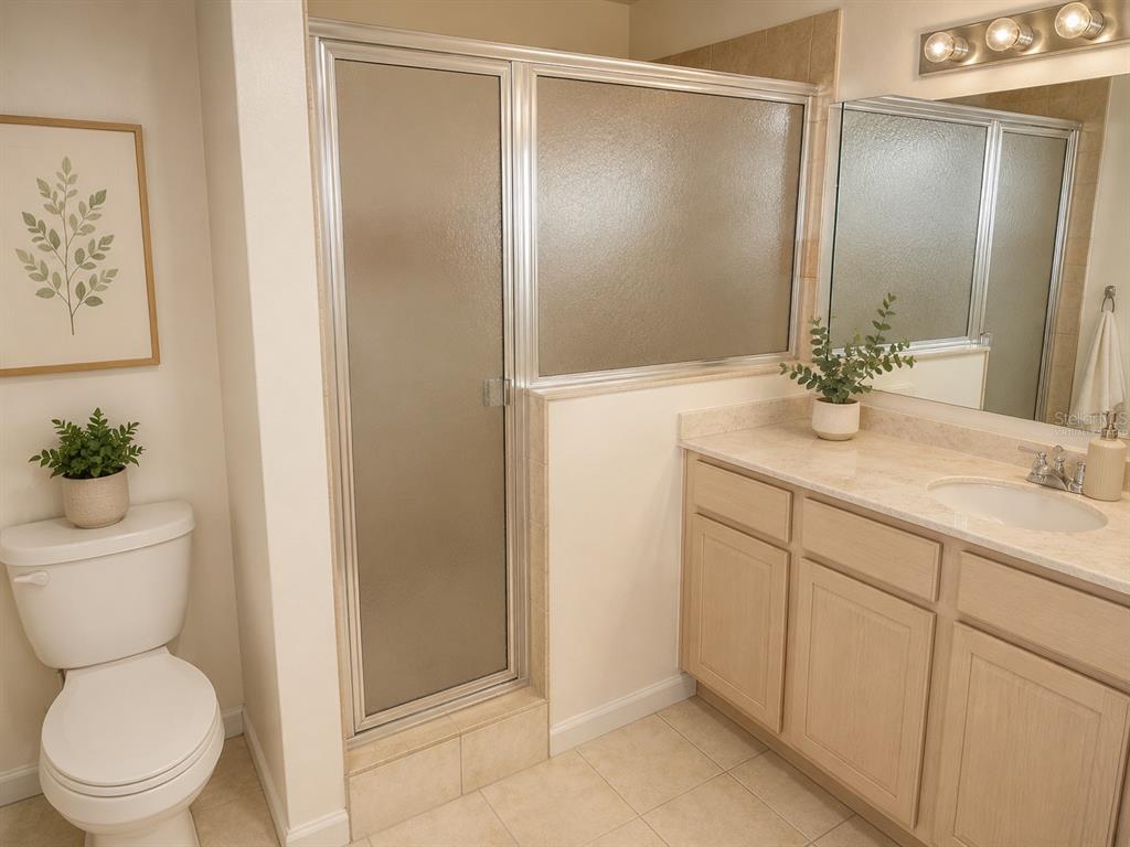 A bathroom features a walk-in shower, a light wood vanity, and a white toilet — 5001 SUNRIDGE PALMS DRIVE, TAMPA, FL