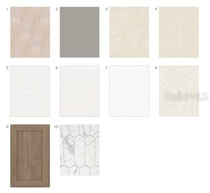 This image is a digital rendering showing a collection of ten interior design material samples — 11751 SOFT MEADOW MEWS, SAN ANTONIO, FL