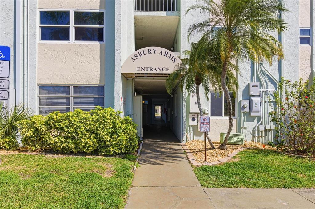 The exterior entrance of a multi-story apartment building features a palm tree and walkway — 801 83RD AVENUE N UNIT 510, ST PETERSBURG, FL