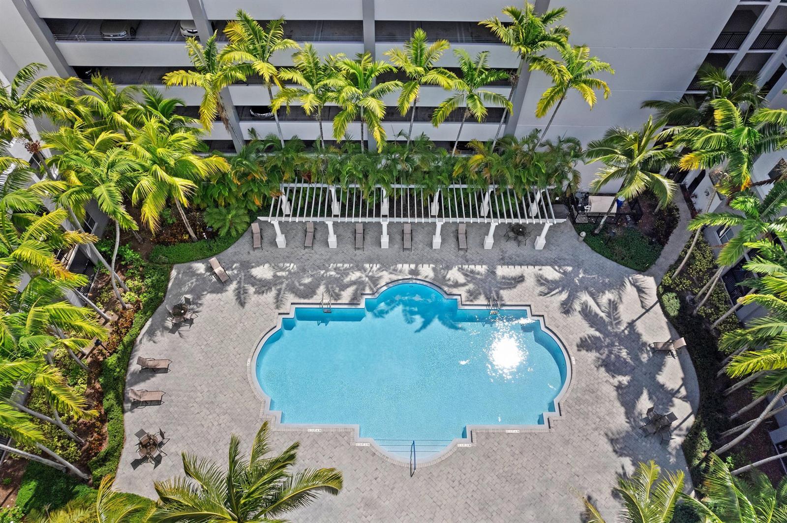 An aerial view of a swimming pool surrounded by palm trees and a white pergola — 1660 Renaissance Commons Boulevard # 2629, Boynton Beach FL 33426, BOYNTON BEACH, FL