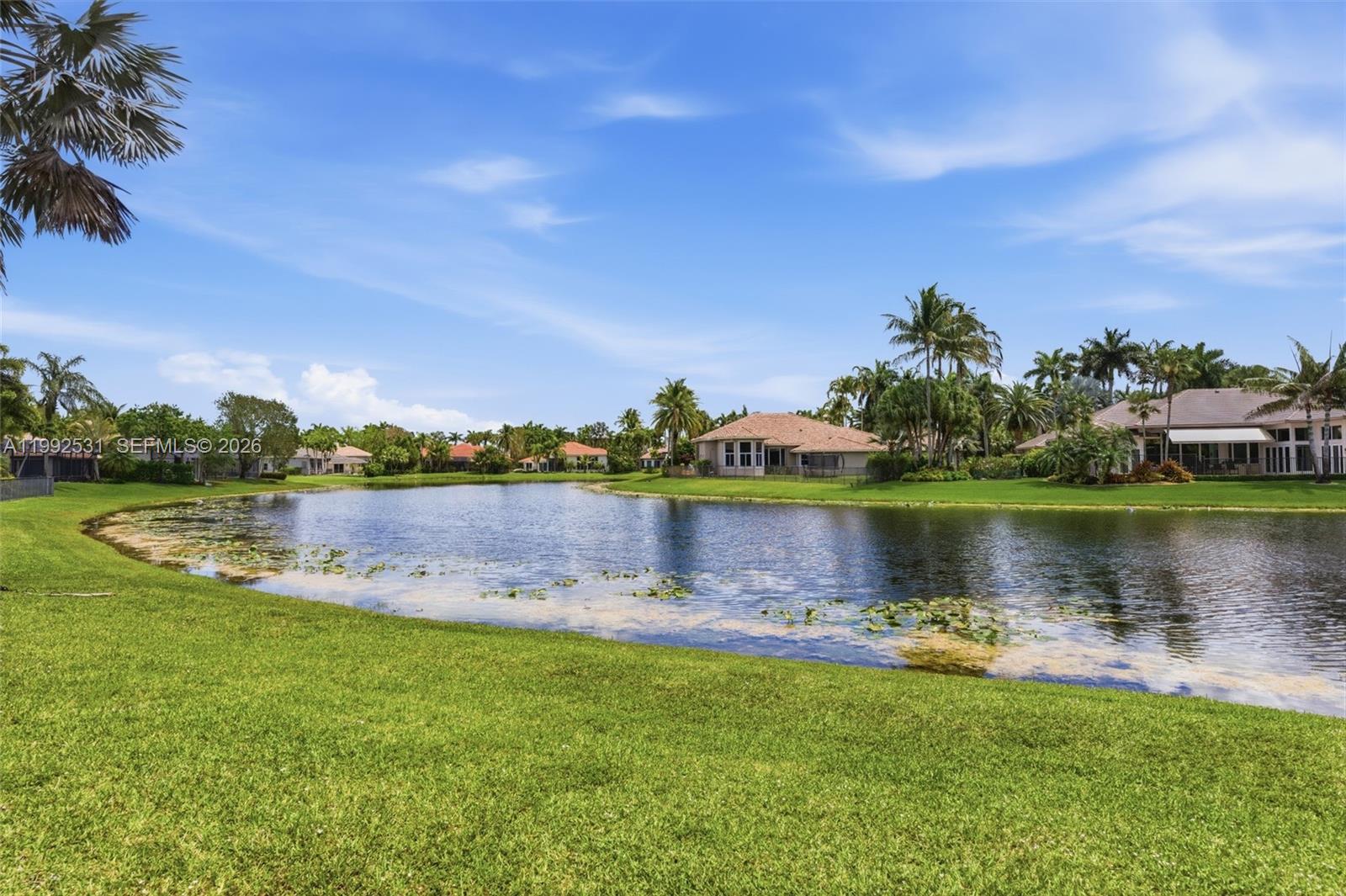 A grassy lawn overlooks a pond surrounded by houses and palm trees under a blue sky — 2488 Provence Cir, Weston FL 33327, WESTON, FL