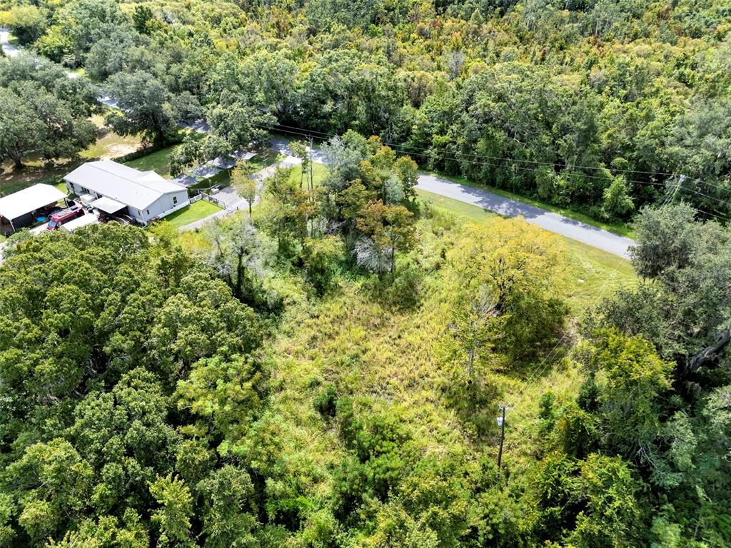 An aerial view shows a wooded lot adjacent to a house and a paved road — 15325 TROUSDALE STREET, CLERMONT, FL