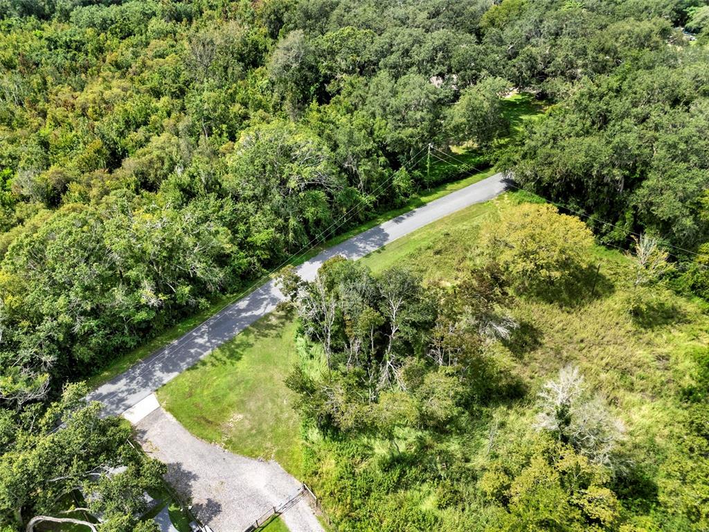 An aerial view shows a paved road running through a wooded area with a gravel driveway — 15325 TROUSDALE STREET, CLERMONT, FL