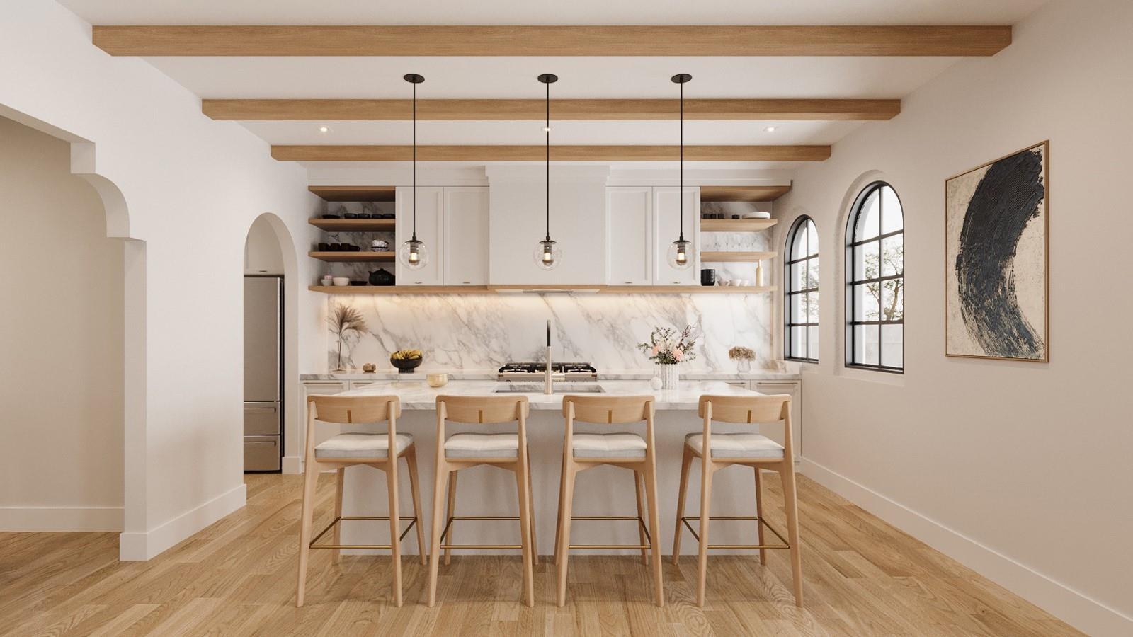 This rendering shows a modern kitchen with wooden ceiling beams, marble countertops, and arched windows — 1935 SW 10th Street, Miami FL 33135, MIAMI, FL