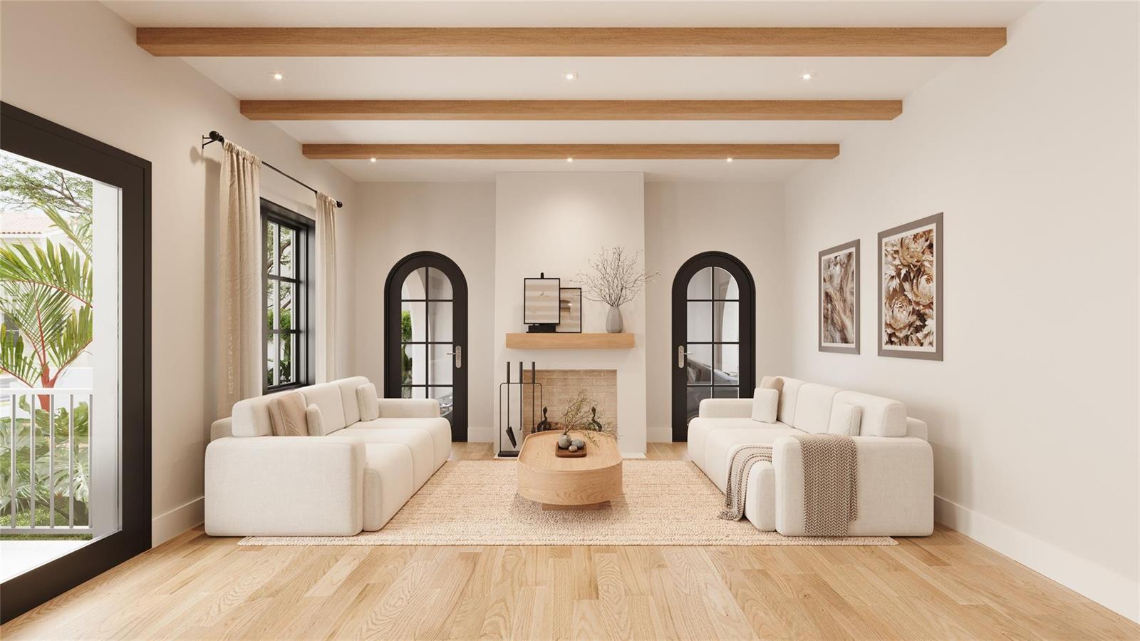 This is a rendering of a living room featuring two white sofas, a fireplace, and beams — 1935 SW 10th Street, Miami FL 33135, MIAMI, FL