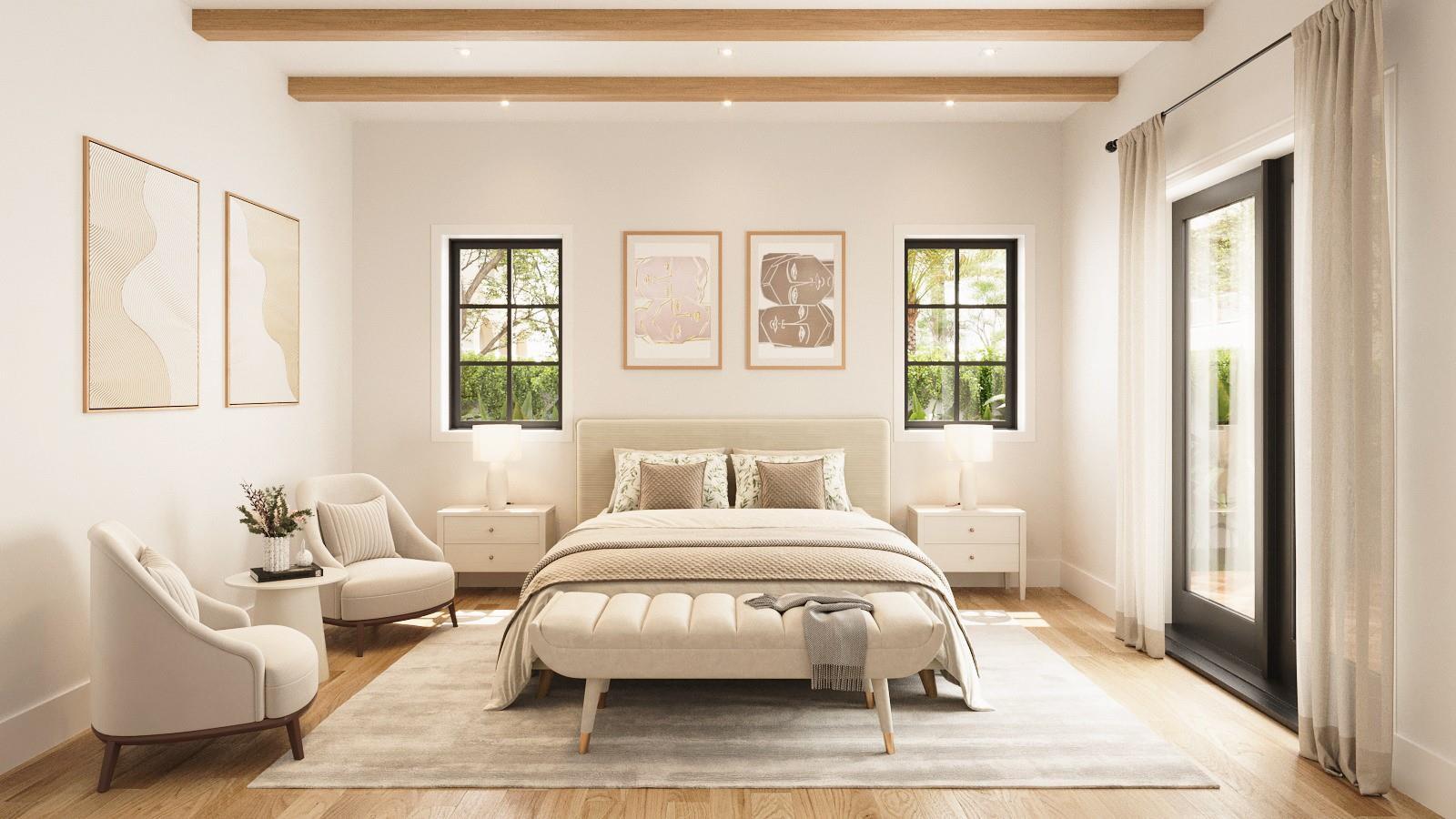 This rendering shows a modern bedroom with a neutral color palette, wood ceiling beams, and windows — 1935 SW 10th Street, Miami FL 33135, MIAMI, FL