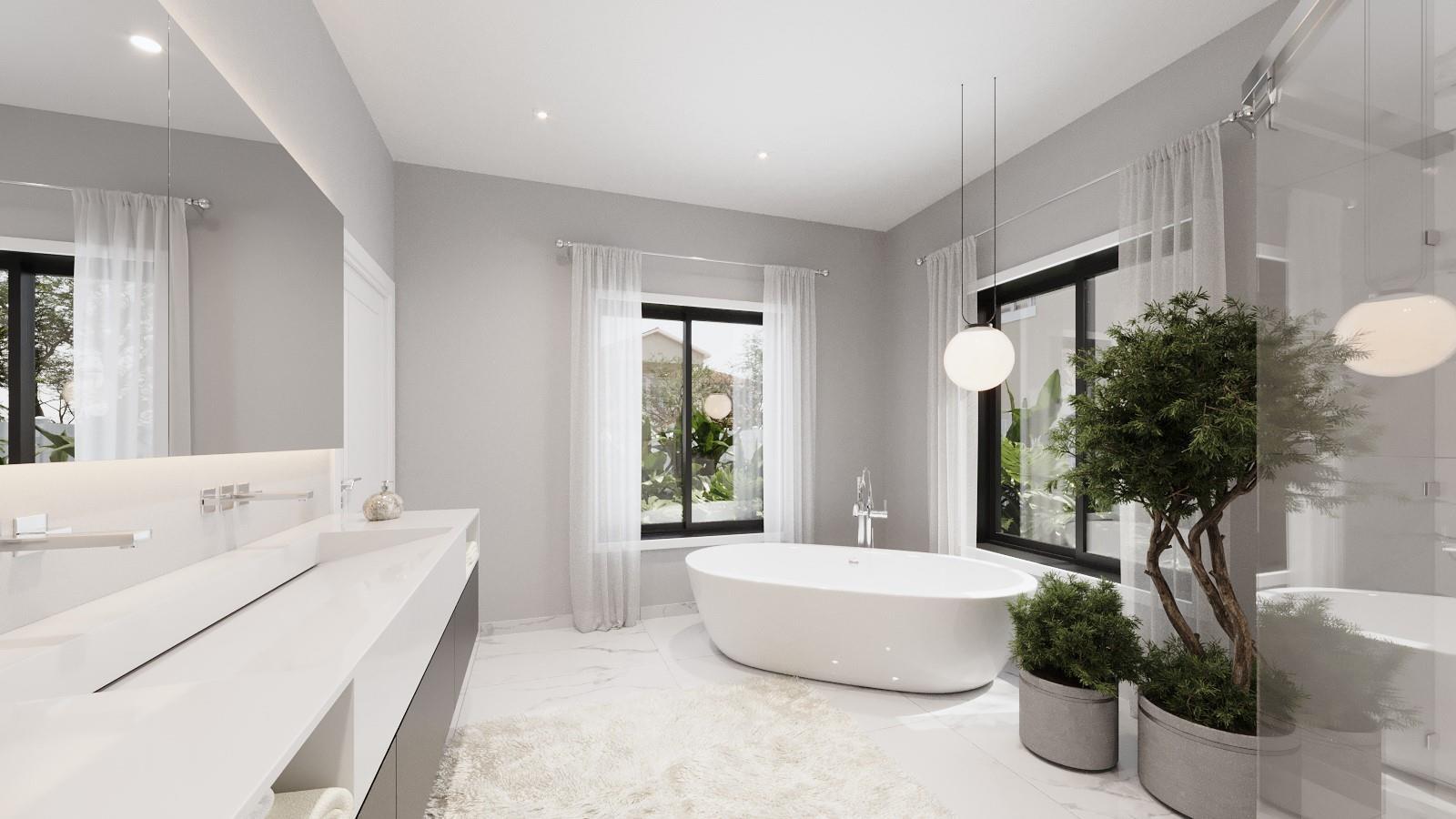 This rendering shows a modern bathroom with a freestanding tub, double vanity, and large windows — 1935 SW 10th Street, Miami FL 33135, MIAMI, FL