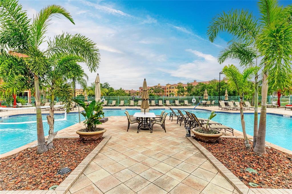 A paved walkway leads to a patio table between two palm trees by a swimming pool — 2738 VIA TIVOLI UNIT 231B, CLEARWATER, FL