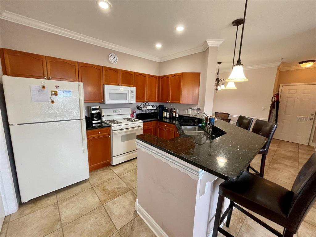 A kitchen features wood cabinets, white appliances, dark granite countertops, and a breakfast bar — 2738 VIA TIVOLI UNIT 231B, CLEARWATER, FL