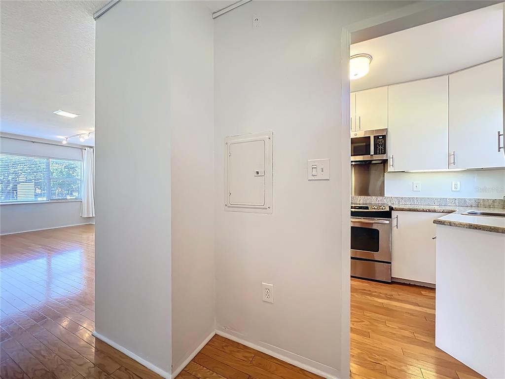 A view from a hallway looking into a kitchen and an adjacent living room area — 640 N PARK AVENUE UNIT 4, WINTER PARK, FL