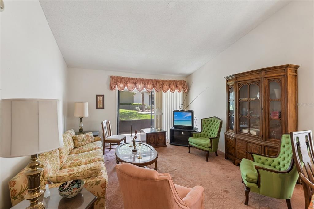 A living room features floral sofas, green armchairs, a wooden hutch, and a sliding glass door — 5100 BURCHETTE ROAD UNIT 3107, TAMPA, FL