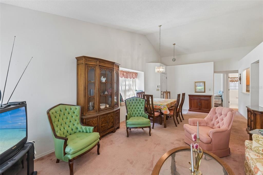 A living and dining area features pink carpeting, green tufted chairs, and a wooden hutch — 5100 BURCHETTE ROAD UNIT 3107, TAMPA, FL