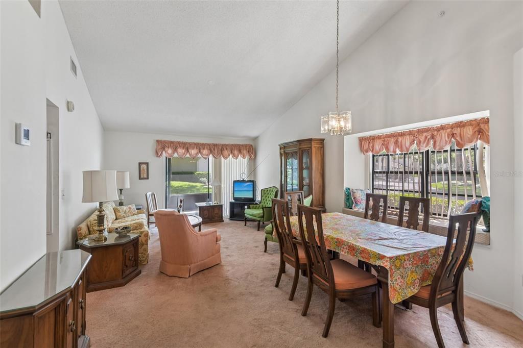 A living and dining room with vaulted ceilings, carpeted floors, and a large window seat — 5100 BURCHETTE ROAD UNIT 3107, TAMPA, FL