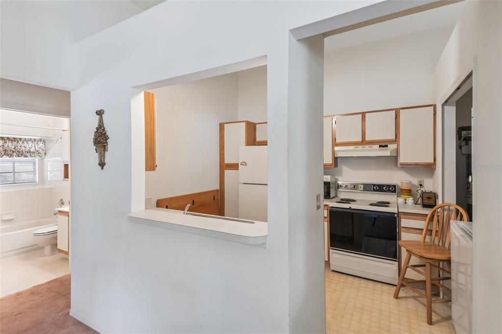 A view through a kitchen pass-through window into a kitchen with white appliances — 5100 BURCHETTE ROAD UNIT 3107, TAMPA, FL
