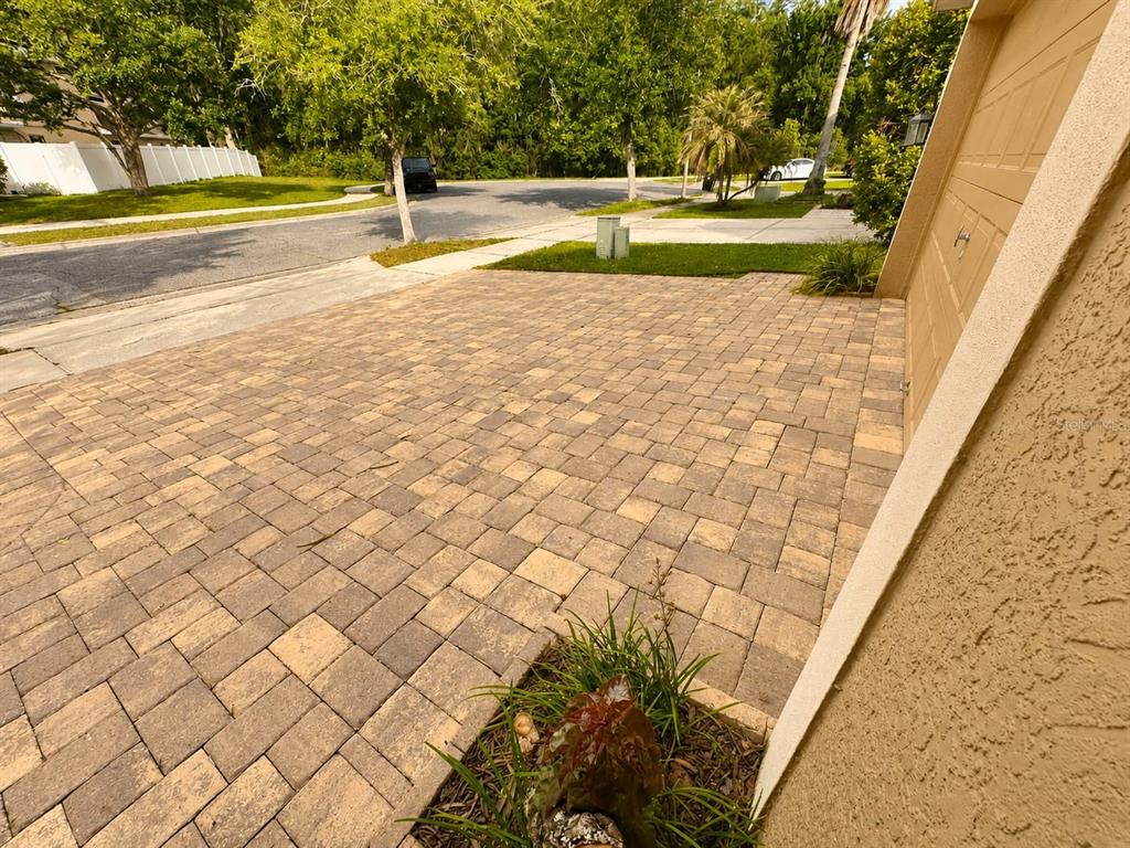 A paved driveway leads to a garage door next to a small landscaped garden bed — 9006 VERONA SOUND WAY, ORLANDO, FL