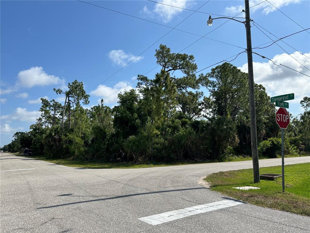 A street corner with a stop sign, street signs, and a wooded lot — 18038 YORK AVENUE, PORT CHARLOTTE, FL