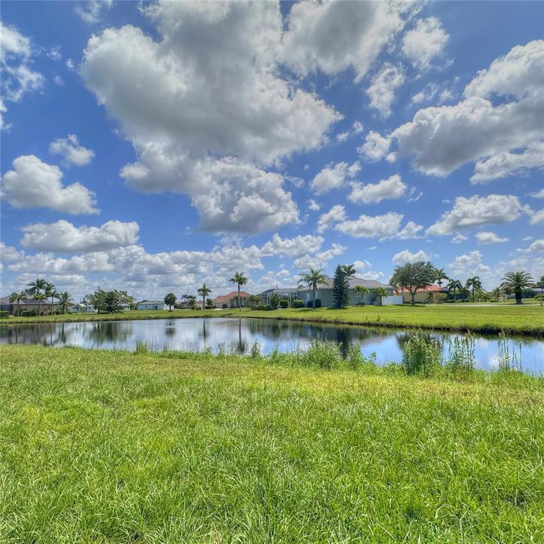 A grassy lawn overlooks a pond with houses and palm trees in the background — 17294 COMINGO LANE, PUNTA GORDA, FL