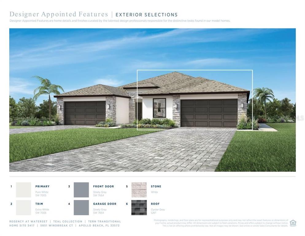 This is a rendering of a single-story house with a stone facade and two-car garage — 5851 WINDBREAK COURT, APOLLO BEACH, FL