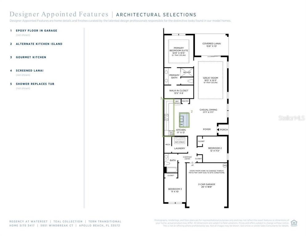 This is a floor plan for a residential home featuring three bedrooms and a garage — 5851 WINDBREAK COURT, APOLLO BEACH, FL