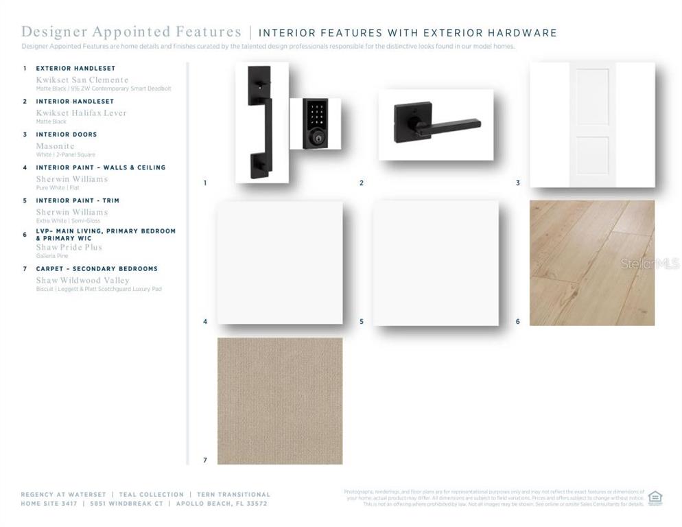 This image displays a design board featuring interior finishes, hardware, and flooring samples — 5851 WINDBREAK COURT, APOLLO BEACH, FL