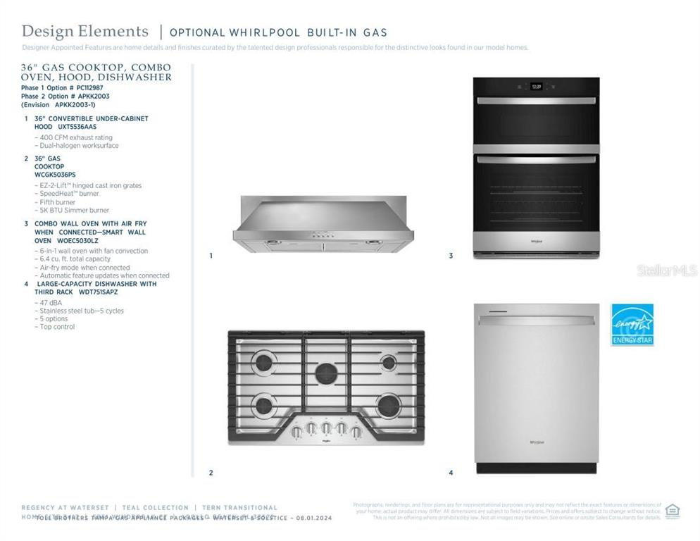 This product sheet displays four Whirlpool kitchen appliances including a hood, cooktop, oven, and dishwasher — 5851 WINDBREAK COURT, APOLLO BEACH, FL