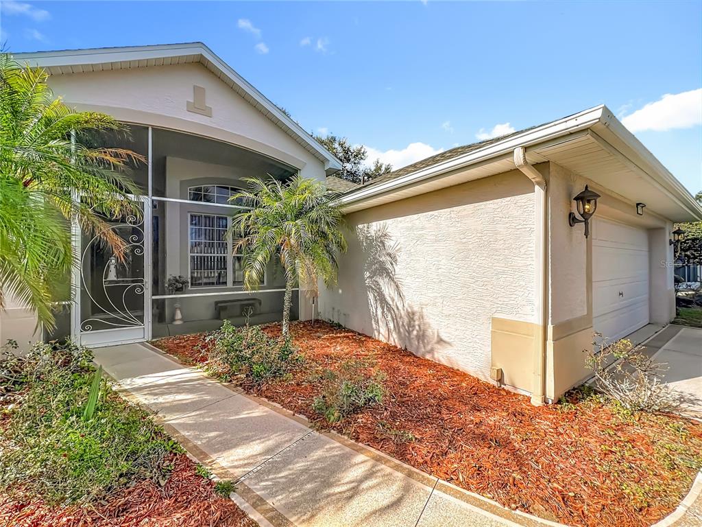 A beige house exterior features a screened entryway, a palm tree, and a garage — 5685 GULF STREAM STREET, TAVARES, FL