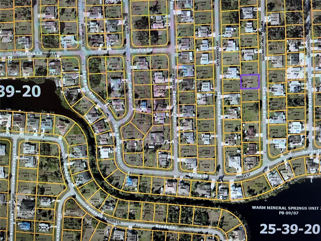 This is a satellite map showing residential lots in a neighborhood — LOT 20 SAN MARCO AVENUE, NORTH PORT, FL