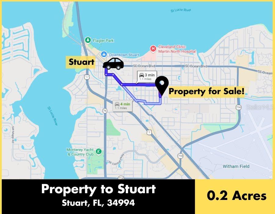 This map shows the driving route and distance from a property for sale to Stuart — 833 SE TARPON AVENUE, STUART, FL