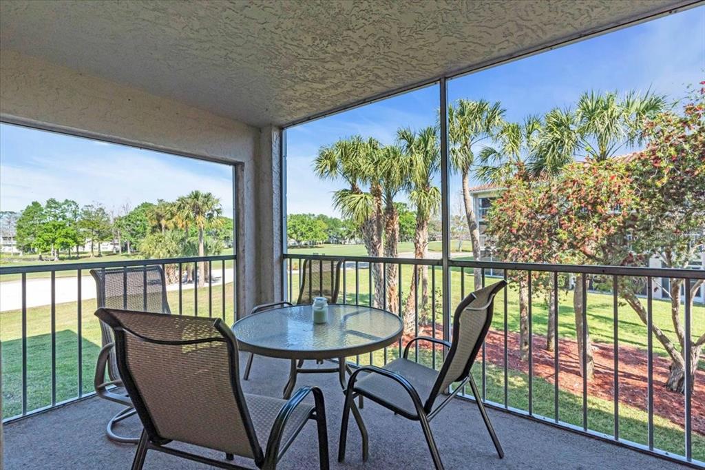 A screened-in balcony features a glass-top table, four chairs, and views of palm trees — 6501 STONE RIVER ROAD UNIT 209, BRADENTON, FL