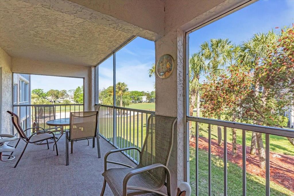 A screened-in balcony features outdoor furniture, carpeted flooring, and views of a grassy landscape — 6501 STONE RIVER ROAD UNIT 209, BRADENTON, FL