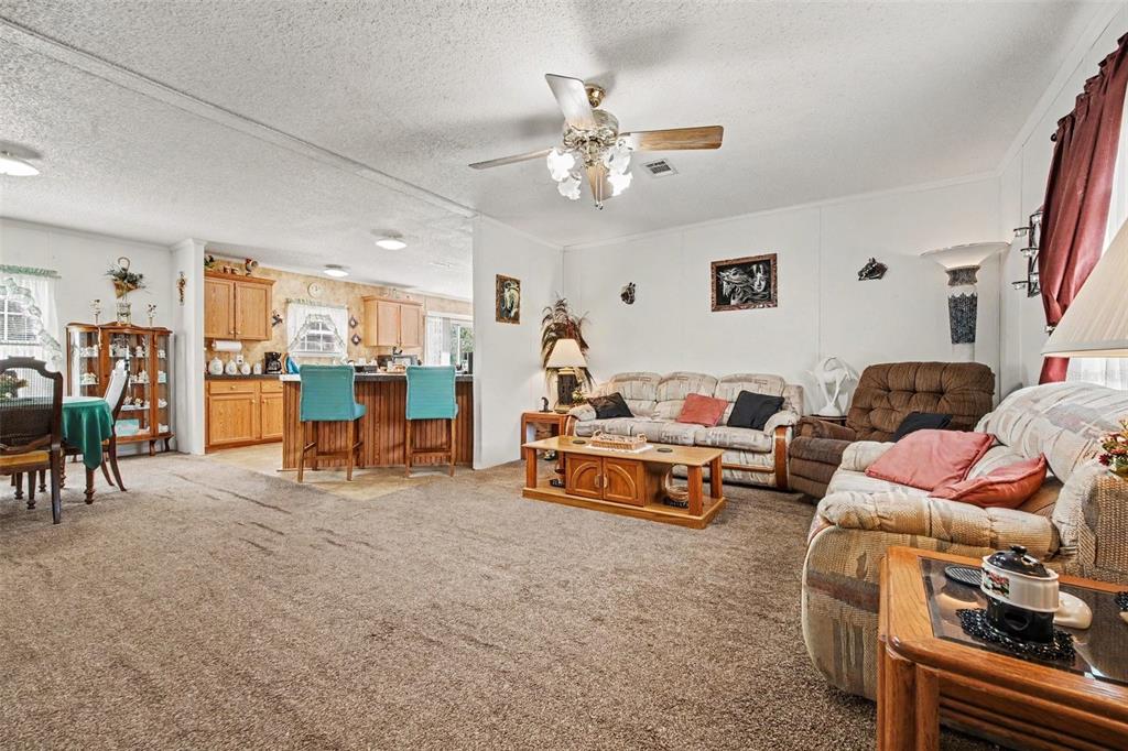 An open-concept living room with carpeted floors flows into a kitchen with wooden cabinets — 2205 HIBISCUS AVENUE, MIDDLEBURG, FL