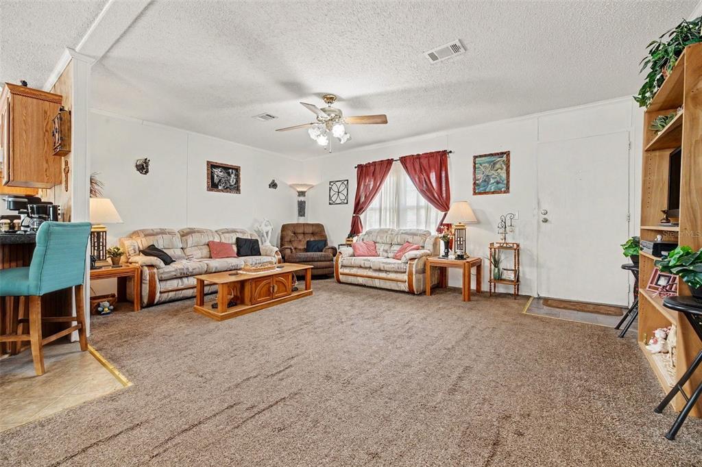 A living room features brown carpeting, two patterned sofas, a recliner, and a ceiling fan — 2205 HIBISCUS AVENUE, MIDDLEBURG, FL