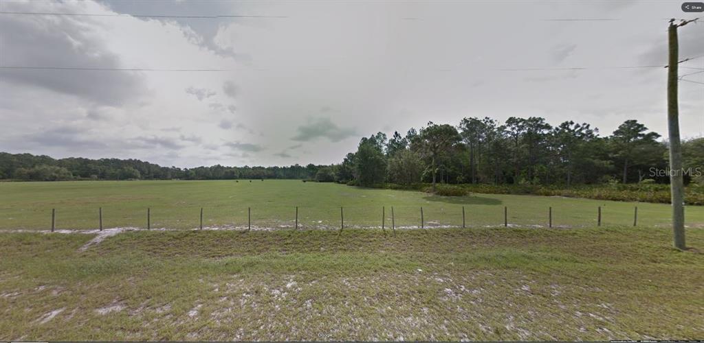 A fenced, grassy field borders a line of trees under a cloudy sky — SUN JUAN AVE, POLK CITY, FL