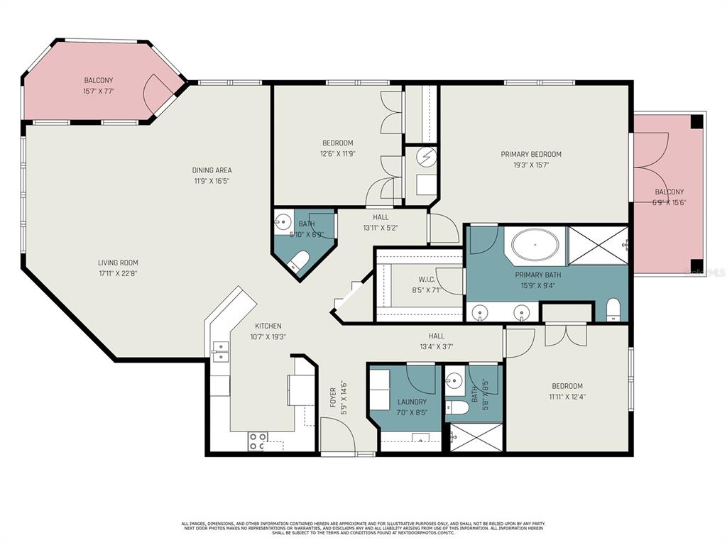 This is a floor plan for a three-bedroom apartment with two balconies and three bathrooms — 7840 34TH AVENUE W UNIT 103, BRADENTON, FL