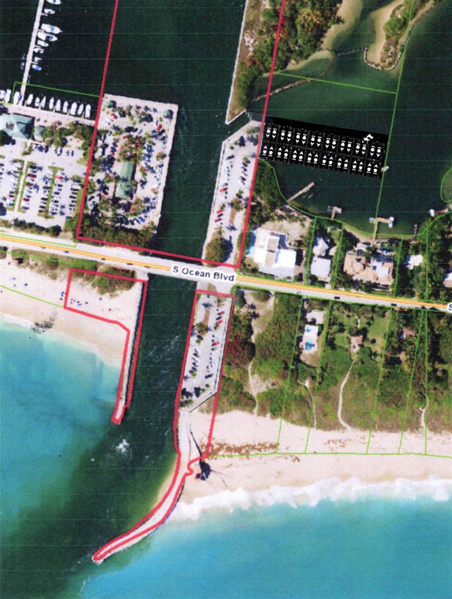 This aerial map shows a coastal inlet with a bridge and a proposed dock rendering — 4000 S Ocean Boulevard, Manalapan FL 33462, MANALAPAN, FL